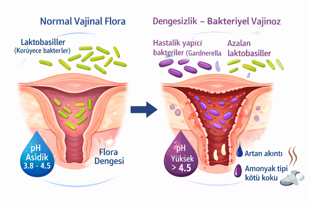 Normal Vajinal Flora ve Bakteriyel Vajinoz Dengesi Şeması