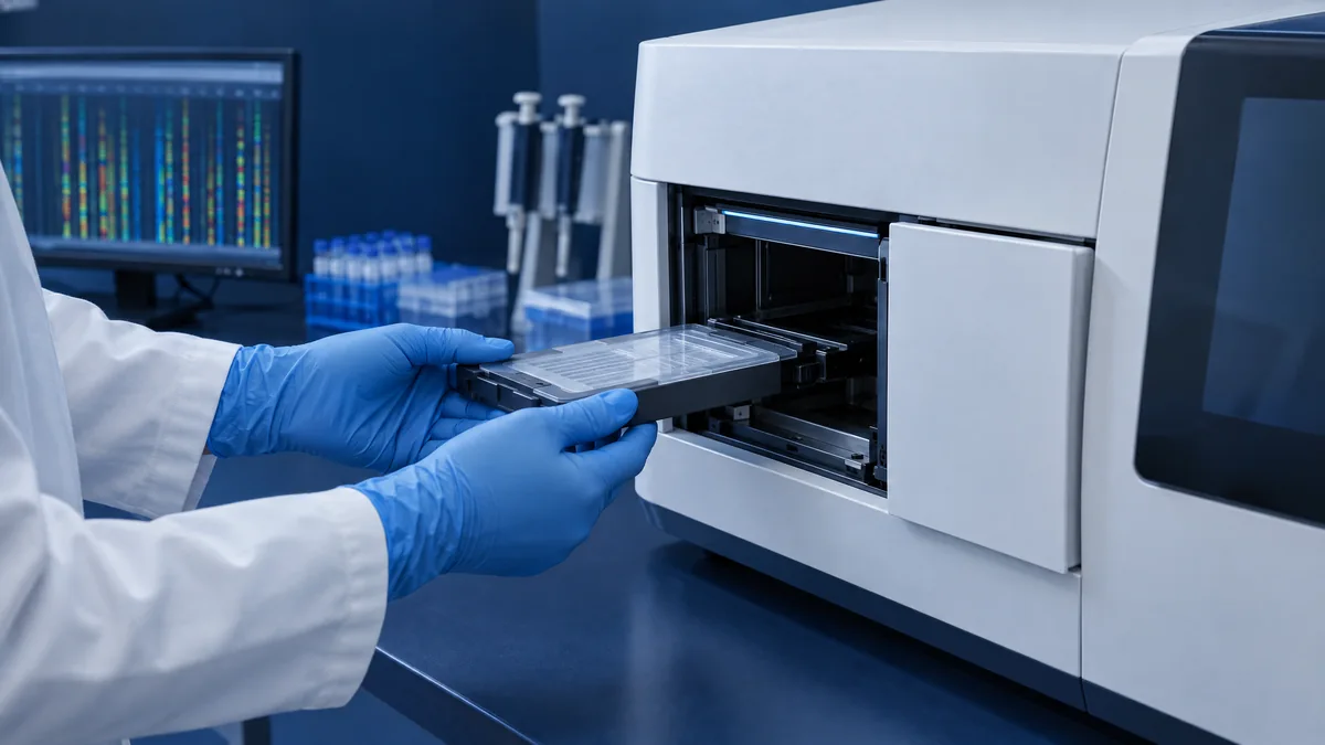 Laboratuvarda DNA dizileme cihazına reaktif kartuşu yerleştiren eldivenli eller