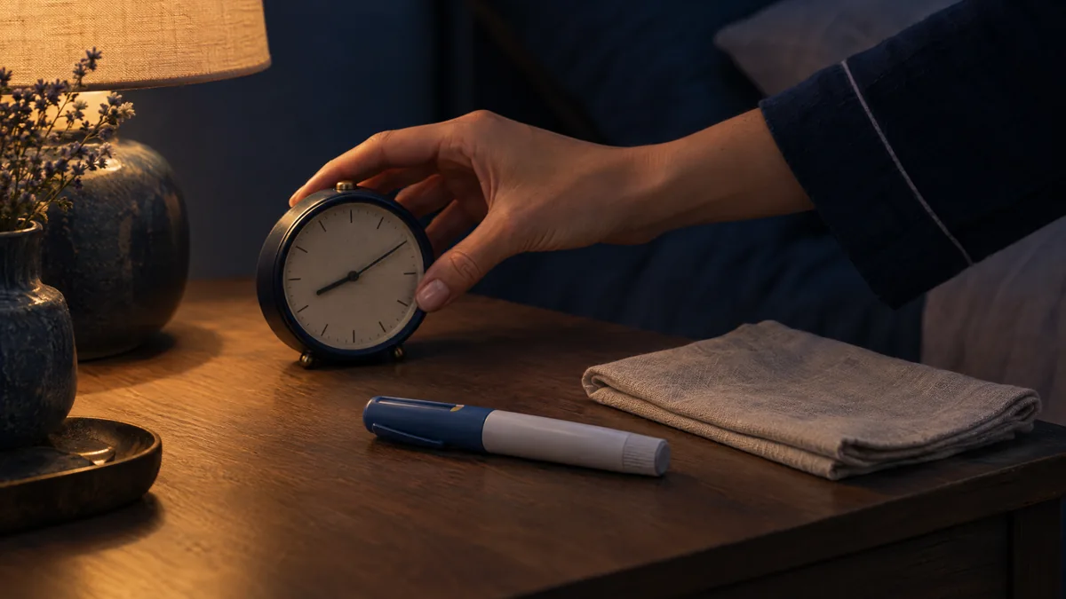 Gece lambası ışığında komodinde küçük çalar saati ayarlayan el; yanında kapaklı enjeksiyon kalemi