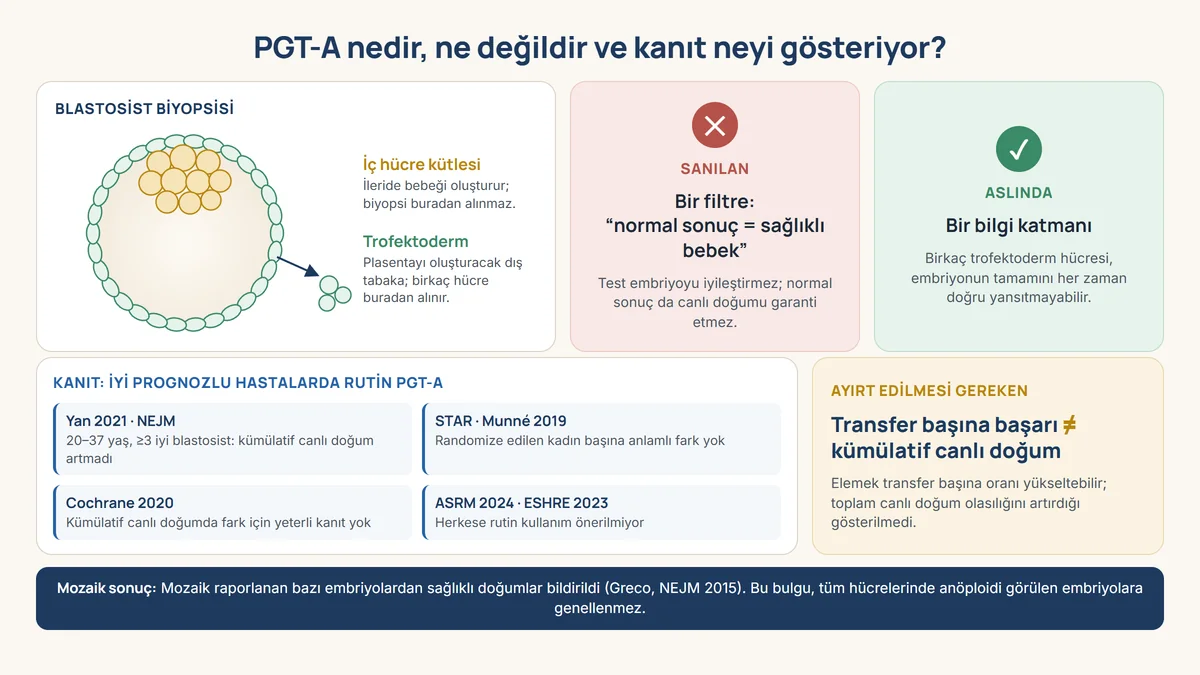 PGT-A bilgi görseli: blastosistte iç hücre kütlesi ve biyopsi alınan trofektoderm, PGT-A'nın filtre değil bilgi katmanı olduğu, Yan 2021, STAR, Cochrane 2020, ASRM 2024 ve ESHRE 2023 kanıt özeti ile transfer başına başarı ve kümülatif canlı doğum ayrımı